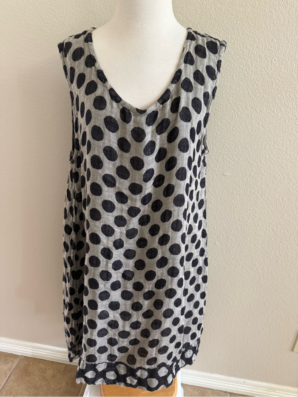 FLAX Dress Women SZ L  Linen Sleeveless Polka Dot Midi